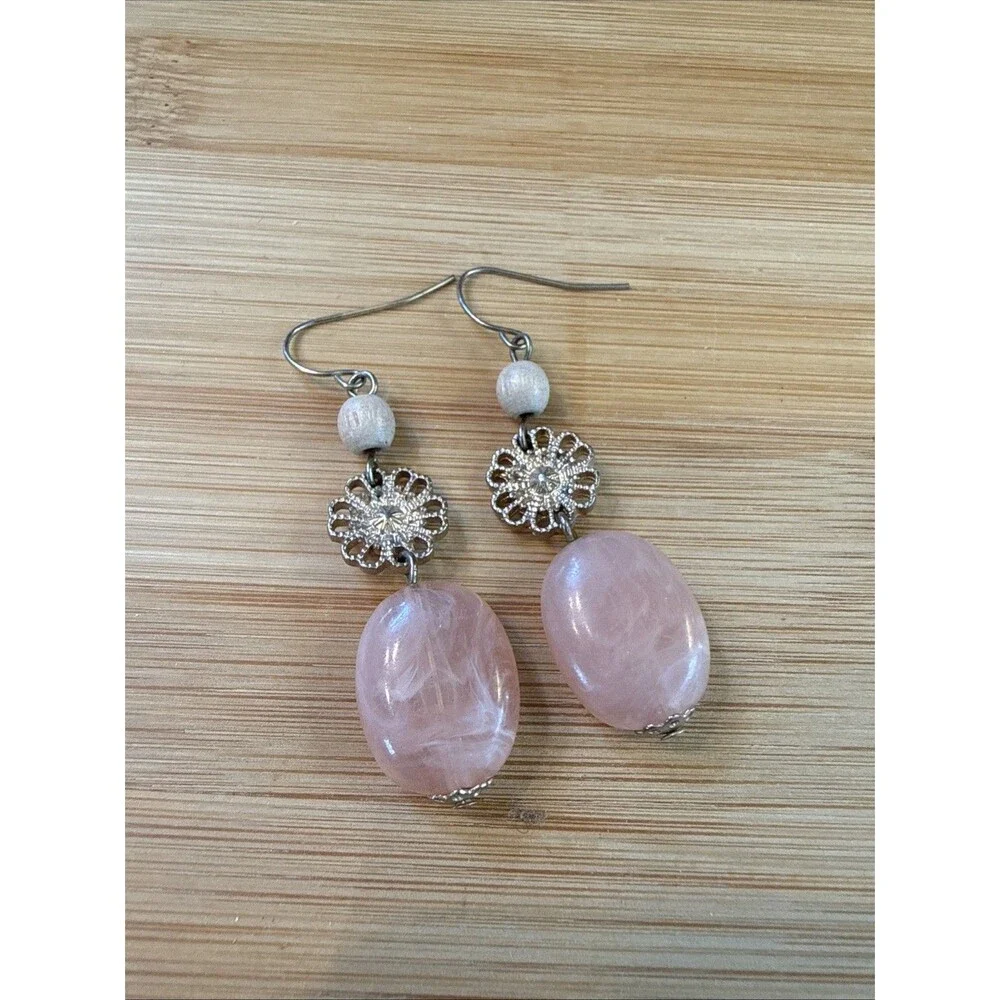 Pink Stone Beaded Floral Vintage Unbranded Dangle Drop Earrings